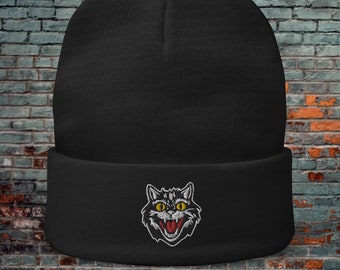 Spooky Black Halloween Cat Embroidered Beanie Hat Gothic Witchy Unisex Winter Cap Unique Gift Idea Creepy Cute Fashion Headwear Samhain