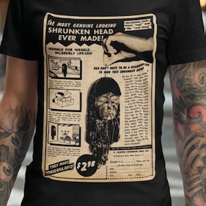 Shrunken Head T-Shirt Vintage Horror Tee Retro Comic Graphic Black Shirt Creepy Pulp Style Halloween Shirt Gift For Horror Fan
