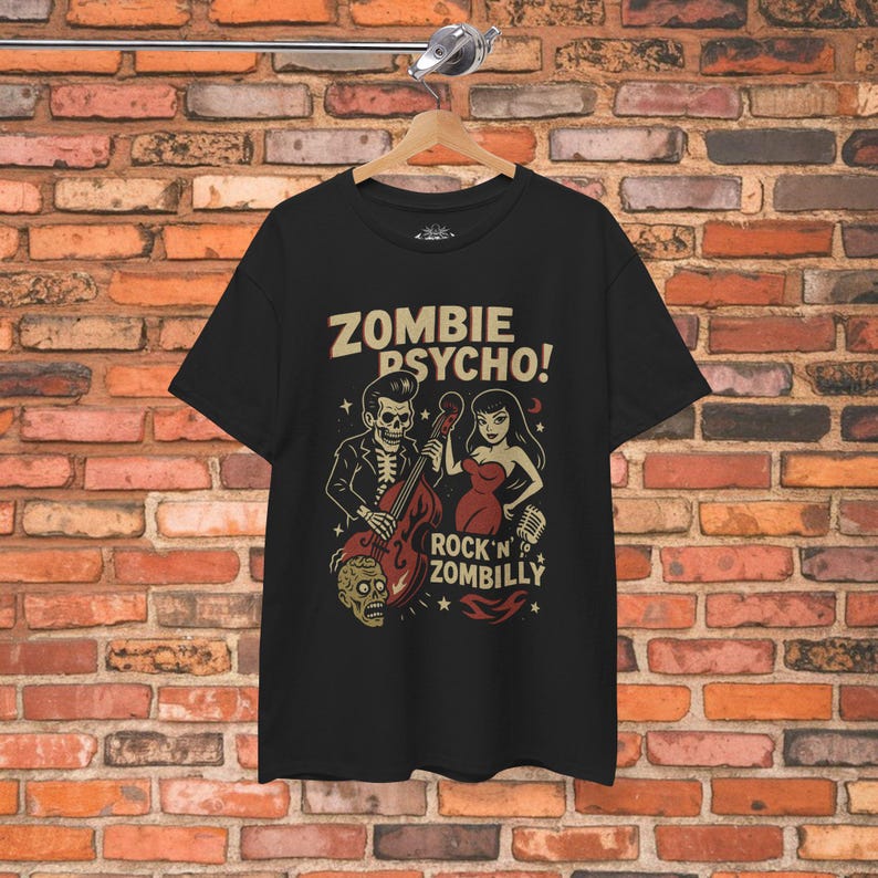 Psychobilly T-Shirt Zombie Rockabilly Tee Upright Bass Graphic Shirt Tee Horror Punk Gift For Fan Unisex Ladies Long Sleeve Hoodie Light Fitted Tee**