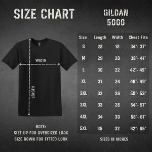 a size chart for a GILDA 5000 t-shirt, providing measurements for different sizes including S, M, L, XL, 2XL, 3XL, and 4XL. The chart also includes a note that specifies the size up for anoversized look and the size down for a fitted look.