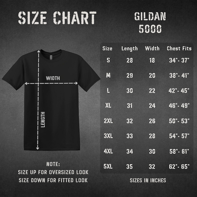 a size chart for a GILDA 5000 t-shirt, providing measurements for different sizes including S, M, L, XL, 2XL, 3XL, and 4XL. The chart also includes a note that specifies the size up for anoversized look and the size down for a fitted look.