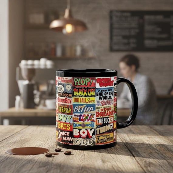 Vintage Comic Book Mug Retro Comic Collage Black 11oz Coffee Mug Pulp Art Cup Horror Sci Fi Comics Decor Gift For Comic Book Collector Gift