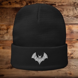 Gothic Bat Beanie|Embroidered Bat|Unisex Black Cotton Hat|Spooky Goth Accessory|Fall Winter Beanie|Cute Quirky Gift Idea|Gothic Fashion