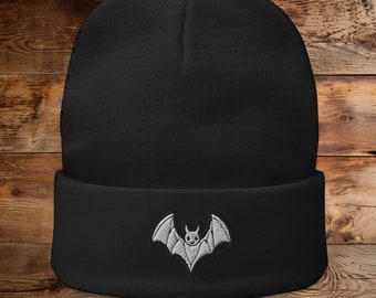 Gothic Bat Beanie|Embroidered Bat|Unisex Black Cotton Hat|Spooky Goth Accessory|Fall Winter Beanie|Cute Quirky Gift Idea|Gothic Fashion
