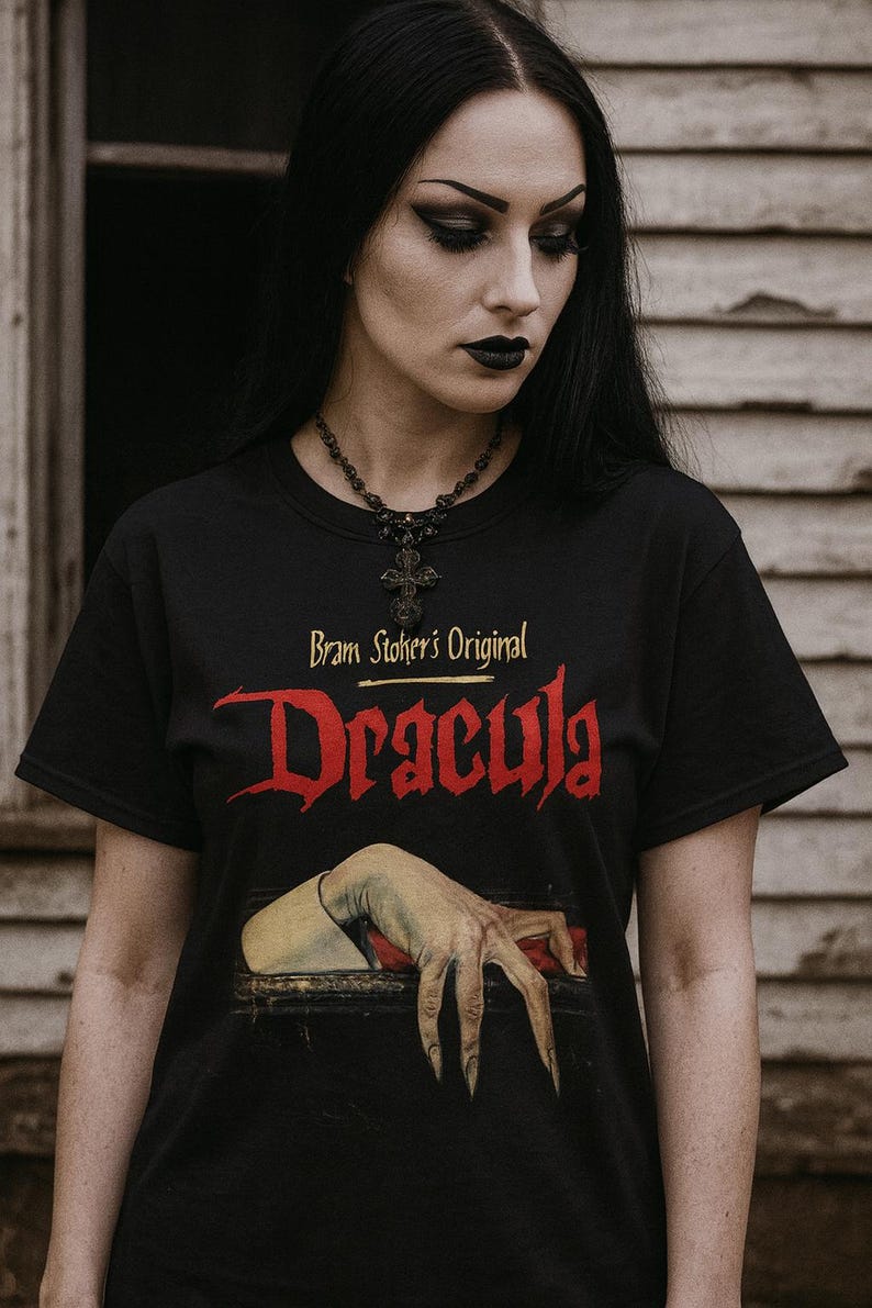Dracula T-Shirt Vampire Graphic Tee Bram Stoker Shirt Dracula Horror Goth Vampire Halloween Gift Unisex Ladies Long Sleeve Hoodie Kids image 2