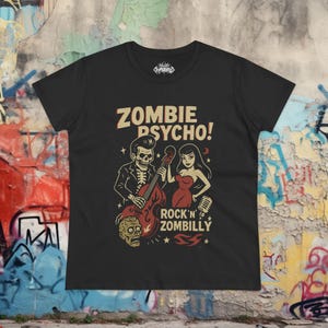 Psychobilly T-Shirt Zombie Rockabilly Tee Upright Bass Graphic Shirt Tee Horror Punk Gift For Fan Unisex Ladies Long Sleeve Hoodie Ladies Tee