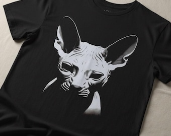Sphynx Cat T-Shirt Black Hairless Cat Graphic Tee Sphynx Shirt Gothic Streetwear Minimalist Cat Lover Gift XS - 5X Ladies Long Sleeve Hoodie