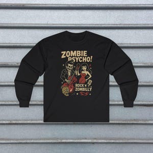 Psychobilly T-Shirt Zombie Rockabilly Tee Upright Bass Graphic Shirt Tee Horror Punk Gift For Fan Unisex Ladies Long Sleeve Hoodie Long Sleeve Tee