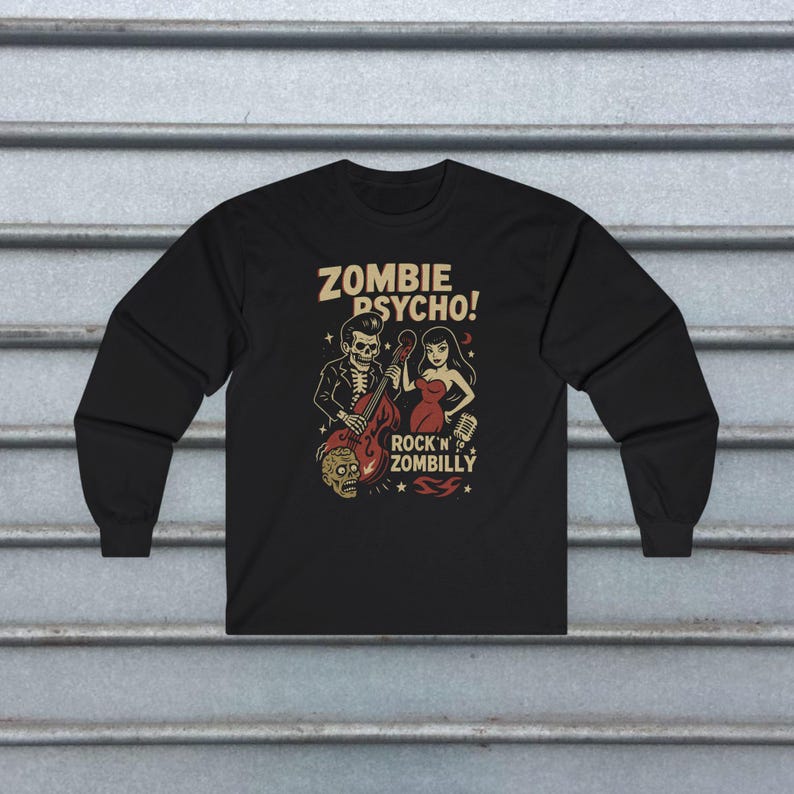 Psychobilly T-Shirt Zombie Rockabilly Tee Upright Bass Graphic Shirt Tee Horror Punk Gift For Fan Unisex Ladies Long Sleeve Hoodie Long Sleeve Tee