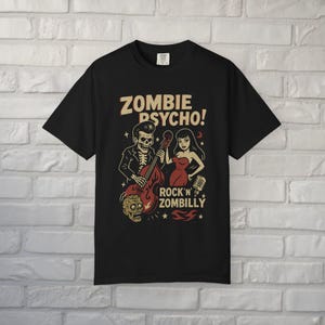 Psychobilly T-Shirt Zombie Rockabilly Tee Upright Bass Graphic Shirt Tee Horror Punk Gift For Fan Unisex Ladies Long Sleeve Hoodie Relaxed Soft Tee***