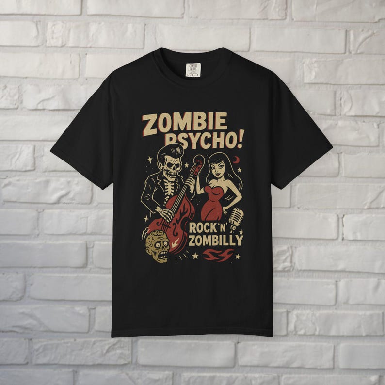 Psychobilly T-Shirt Zombie Rockabilly Tee Upright Bass Graphic Shirt Tee Horror Punk Gift For Fan Unisex Ladies Long Sleeve Hoodie Relaxed Soft Tee***