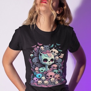 Pastel Goth Cat Skulls T-Shirt | Kawaii Death Tee | Cute Gothic Top | Soft Grunge Apparel | Skull Kitty Graphic Shirt | Alt Fashion Gift