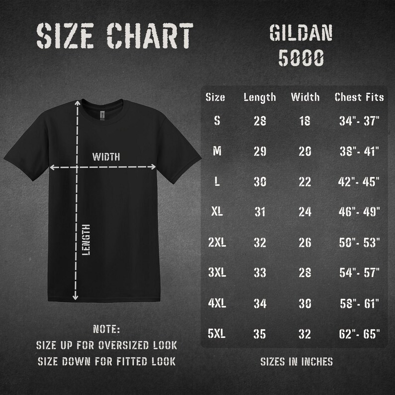 Puede incluir: Tabla de tallas para camisetas Gildan 5000, que muestra las medidas en pulgadas para las tallas S a 5XL. La tabla incluye la longitud, el ancho y el ajuste del pecho.