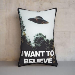 I Want To Believe Lumbar Throw Pillow - Black & White UFO Print
