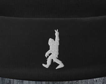 Bigfoot Peace Sign Beanie Sasquatch Embroidered Hat Black Winter Cap Cryptid Warm Headwear Unique Gift for Bigfoot and Nature Lovers
