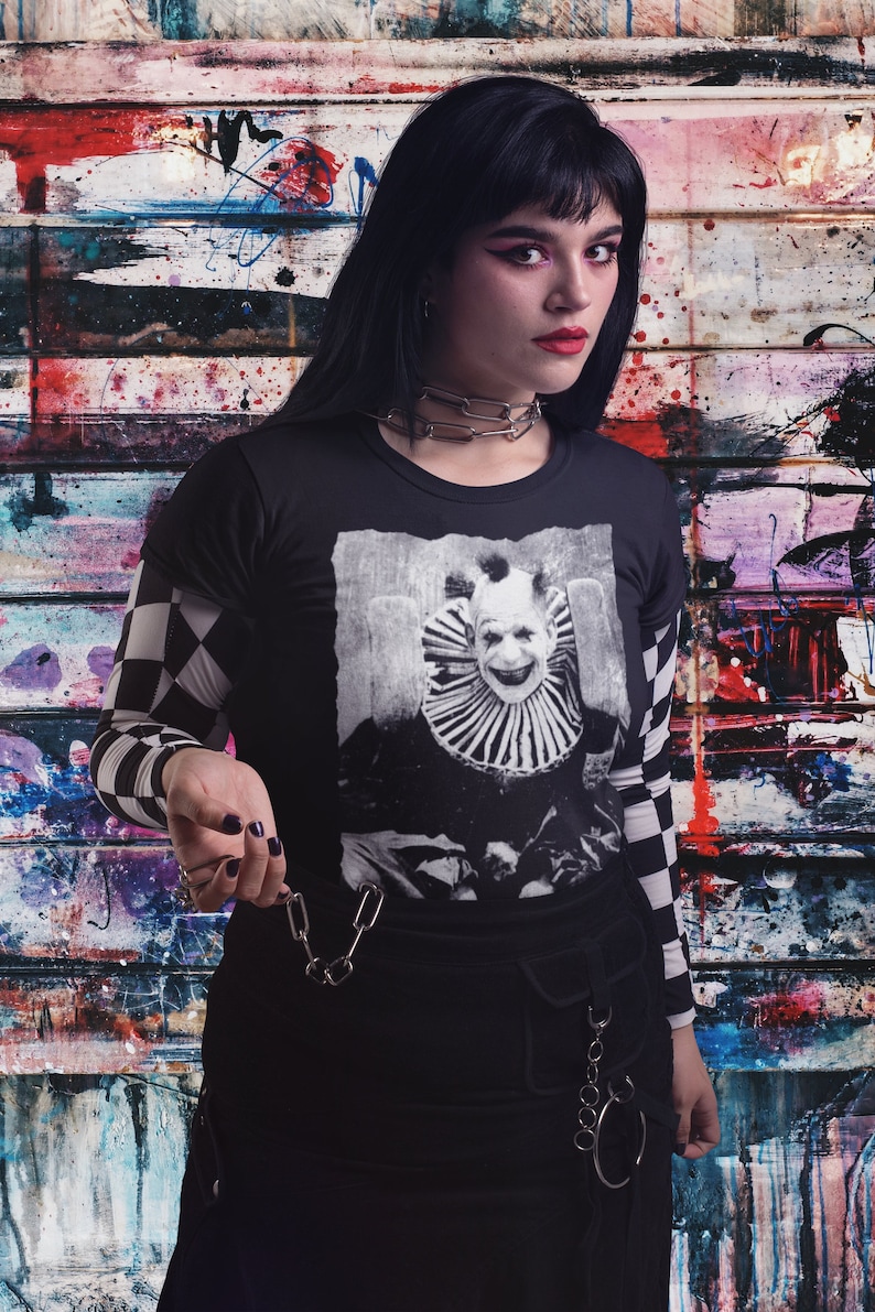 Creepy Clown Shirt Vintage Punk Tee Goth Clothing Metal Macabre Horror Circus Halloween Gift Unisex Ladies Tank Top Long Sleeve Hoodie image 3