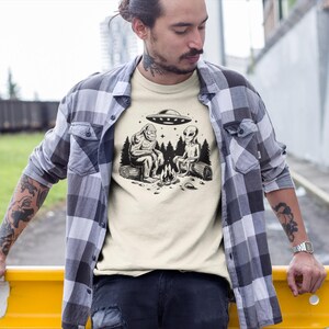 Bigfoot Alien UFO T-shirt Cryptid Campfire Tee Funny Sasquatch Shirt Vintage UFO Graphic Gift for Bigfoot Fans and Cryptid Lovers image 2