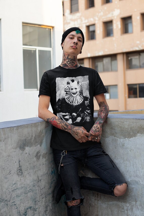 Creepy Clown Shirt Vintage Punk Tee Goth Clothing Metal Macabre Horror Circus Halloween Gift Unisex Ladies Tank Top Long Sleeve Hoodie