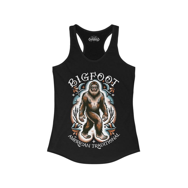 Bigfoot T Shirt Tattoo Style Shirt Traditional Sasquatch Tee Hoodie Long Sleeve Ladies Top Old School Cryptid Graphic Gift For Cryptid Fan Racerback Tank Top