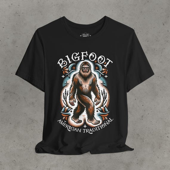 Bigfoot T Shirt Tattoo Style Shirt Traditional Sasquatch Tee Hoodie Long Sleeve Ladies Top Old School Cryptid Graphic Gift For Cryptid Fan