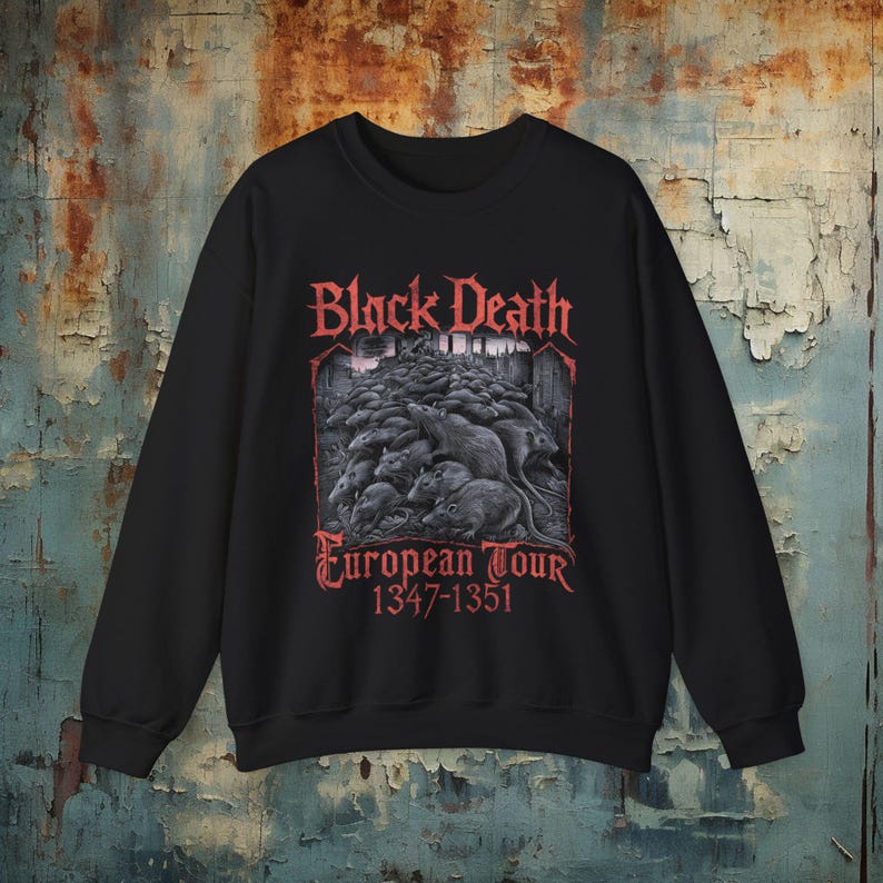 Black death metal shirt with a European tour-inspired plague doctor and rats design. Comes in t-shirts, hoodies, sweatshirts, and long sleeves, ideal for doom metal, deathrock, and goth fashion lovers.