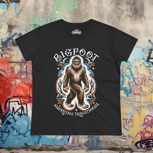 Bigfoot T Shirt Tattoo Style Shirt Traditional Sasquatch Tee Hoodie Long Sleeve Ladies Top Old School Cryptid Graphic Gift For Cryptid Fan Ladies Tee