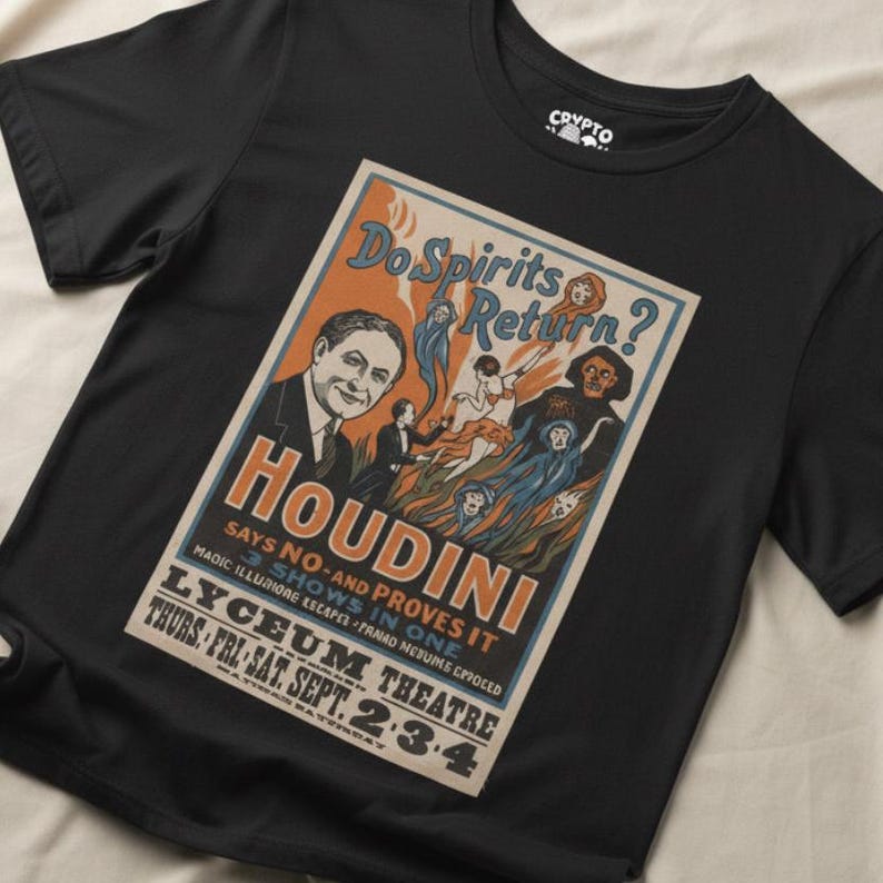 Houdini T-shirt | Do Spirits Return Poster Tee | Bella Canvas Unisex Top | Magic Show Shirt | Vintage Magician Apparel | Escape Artist Gear image 1
