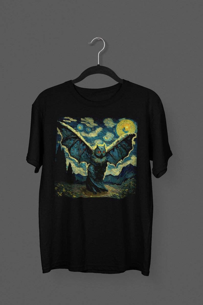 Maglietta Mothman Maglietta nera Notte stellata Maglietta Cryptid Maglietta Gothic Punk Horror Mothman Rockabilly Regalo per fan Cryptid Bigfoot Mothman immagine 2