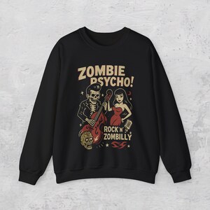 Psychobilly T-Shirt Zombie Rockabilly Tee Upright Bass Graphic Shirt Tee Horror Punk Gift For Fan Unisex Ladies Long Sleeve Hoodie Sweatshirt