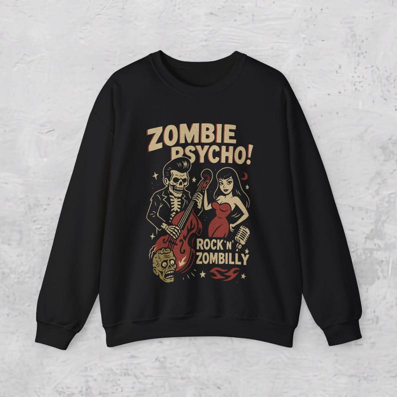 Psychobilly T-Shirt Zombie Rockabilly Tee Upright Bass Graphic Shirt Tee Horror Punk Gift For Fan Unisex Ladies Long Sleeve Hoodie Sweatshirt