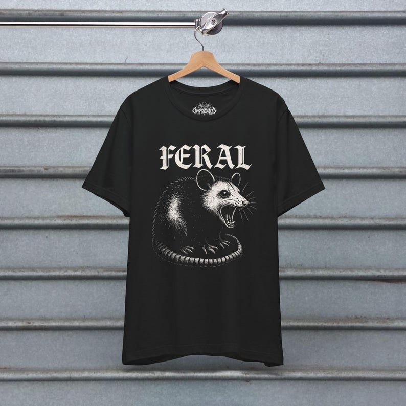 Feral Opossum T-Shirt Graphic Possum Shirt Black Tee Possum Shirt Goth Streetwear Metal Goth Punk Possum Unisex Ladies Long Sleeve Hoodie Fitted Tee - Bella+