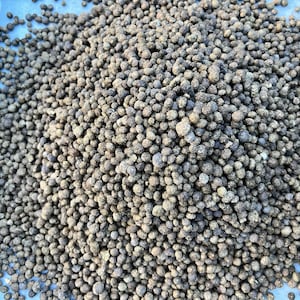 May include: A close-up view of a pile of small, brown fertilizer pellets.