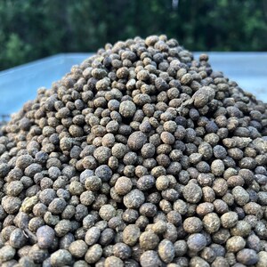 May include: A close-up of a pile of dark brown, round pellets. The pellets are uniform in size and shape, and they are arranged in a mound.