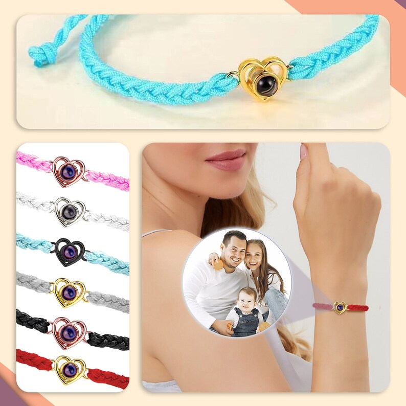 Gepersonaliseerde fotoprojectiearmband Vaderdagcadeau voor hem Handgemaakte gevlochten touwarmband Aangepaste fotoarmband Paararmbanden afbeelding 8