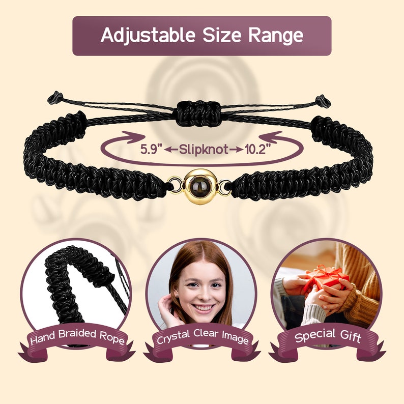 Gepersonaliseerde fotoprojectiearmband Vaderdagcadeau voor hem Handgemaakte gevlochten touwarmband Aangepaste fotoarmband Paararmbanden afbeelding 6