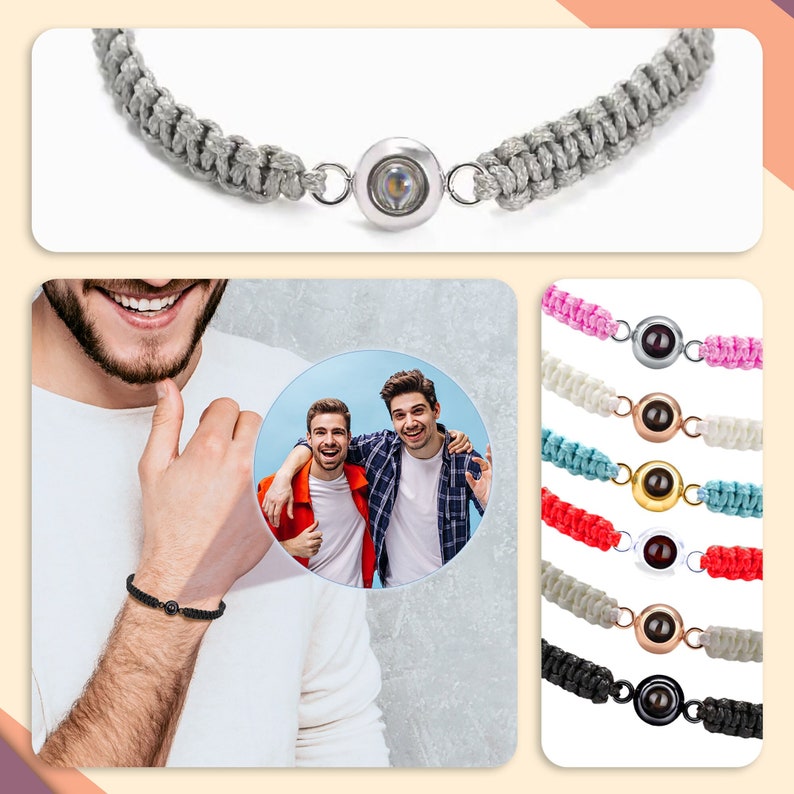 Bracciale con proiezione fotografica personalizzato Regalo per la festa del papà per lui Bracciale con corda intrecciata fatta a mano Bracciale con foto personalizzato Braccialetti per coppie immagine 1