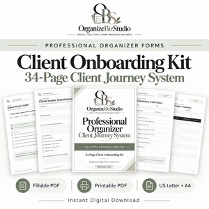 Puede incluir: Un sistema digital de 34 páginas para la incorporación de clientes de OrganizeBizStudio con formularios para organizadores profesionales. Incluye guía de inicio rápido, cuestionario de admisión, notas de llamadas y cronograma de proyectos.