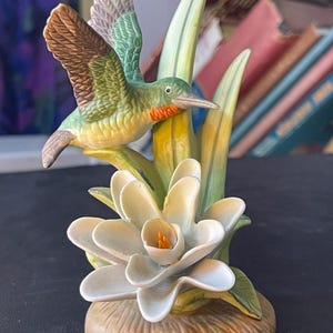 Vintage Porcelain Hummingbird with lotus flower Figurine, 5” tall Royal Heritage “Birds In Flight”