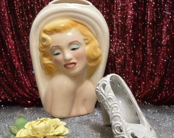 Vintage Hollywood Set Marilyn Monroe  Art Deco Vase, Ceramic Shoe Figurine and porcelain hand made yellow Rose