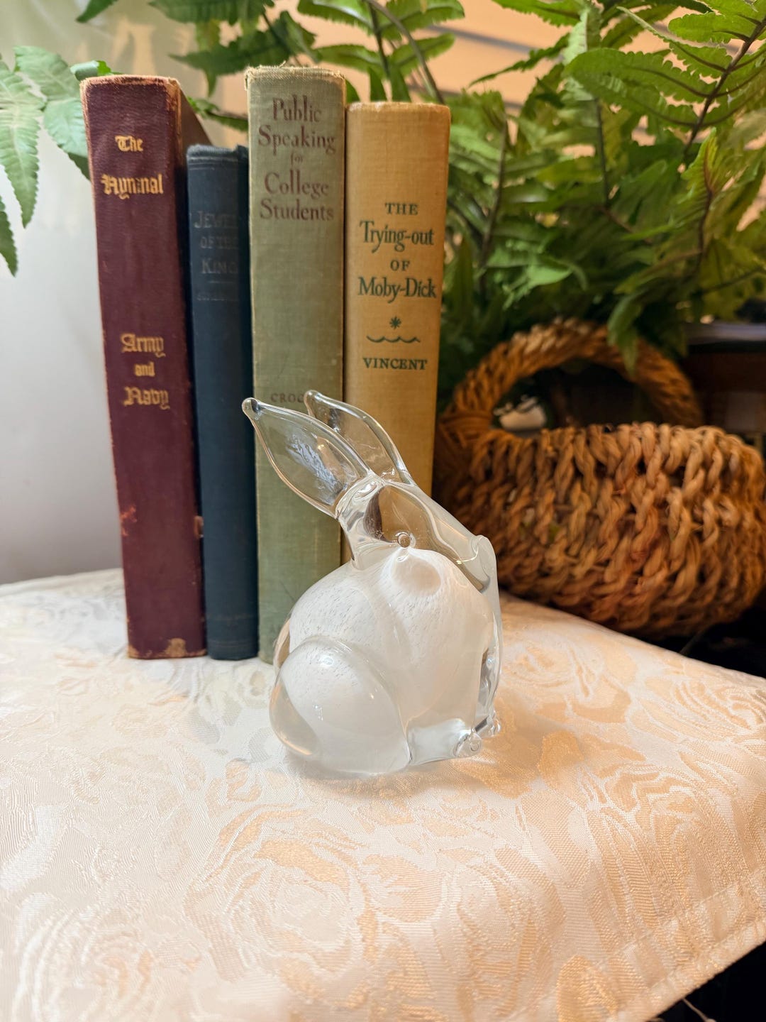 Hand Blown Art Glass Bunny Rabbit Clear With White 5