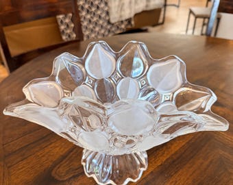 Art Deco Toscana Crystal Footed Centerpiece Bowl | Clear Frosted Glass Fruit Bowl