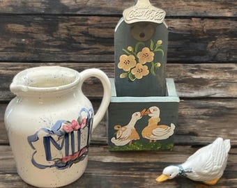 Country Duck Decor Set| Blue Hand-Painted Vintage Retro Farmhouse Country Accents|Starr "X" Coca-Cola bottle opener | Chippy Milk Pitcher
