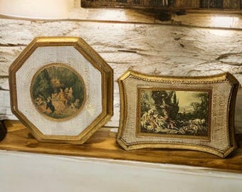 Vintage Italian Florentine gilded wood plaques|Set of 2 |Octagon and Rectangule styles| Small 6 inch midcentury wood plaques| Made in Italy