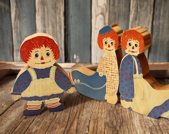 Vintage Raggedy Ann & Andy and Baby Raggedy Ann Wood Figurines Hand Painted Artist Signed 1995| hand made figures grand millennial style