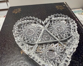 Vintage American Brilliant Period Lotus Pattern Heart Dish by Laurel Cut Glass Co