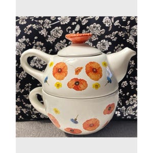 Vintage Red Poppy Teapot and Tea Cup Stacked floral tea lover set