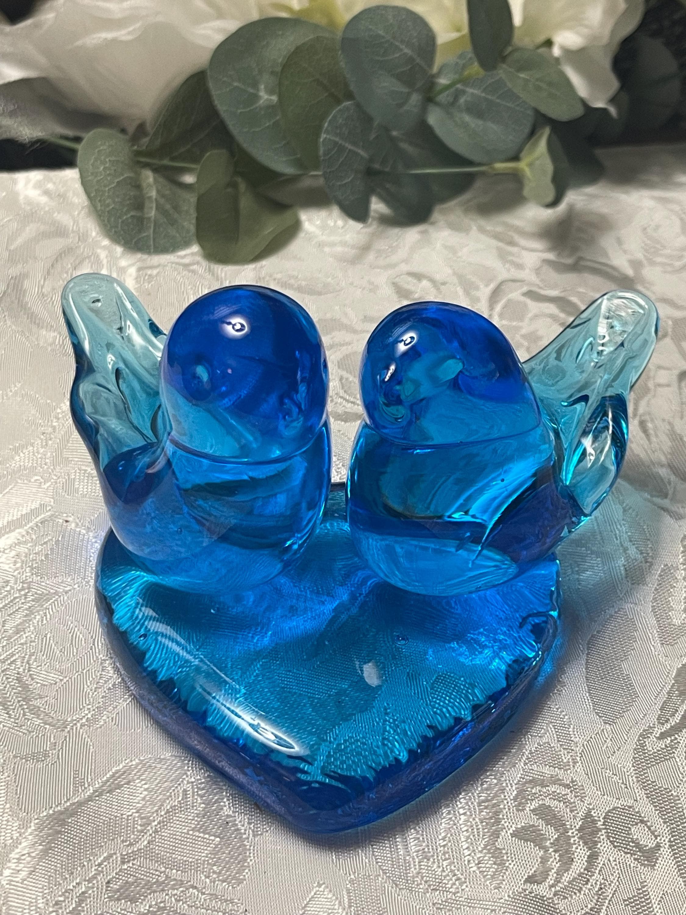 Vintage Leo Ward Double Bluebird of Happiness Terra Studios Art Glass Signed by Artist 1988