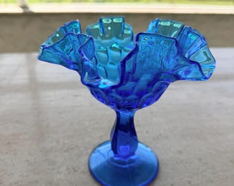 Fenton Colonial Blue Thumbprint Compote – Ruffled Edge Pedestal Candy Dish