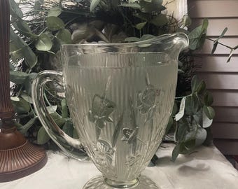 Vintage Jeanette Glass Footed Water Pitcher Iris and Herringbone 9"H x 7"w USA