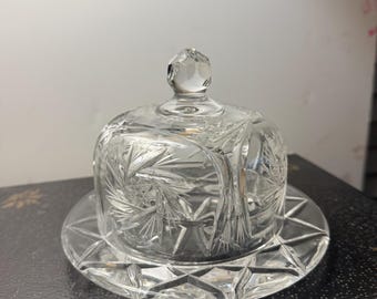 Vintage Cut Crystal Butter Dish – Pinwheel Starburst Pattern Covered Server